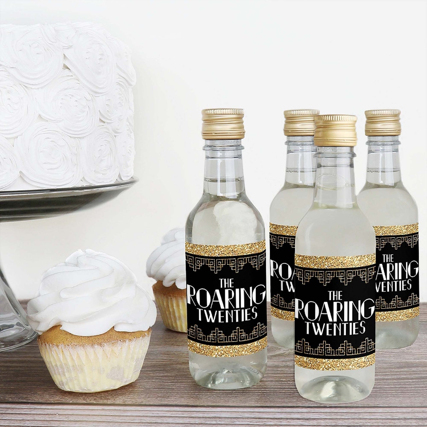 Roaring 20's - Mini Wine and Champagne Bottle Label Stickers - 1920s Art Deco Jazz Party Favor Gift for Women and Men - Set of 16