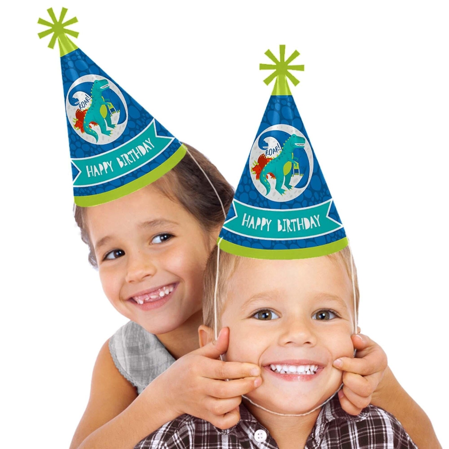 Roar Dinosaur - Cone Happy Birthday Party Hats for Kids and Adults - Set of 8 (Standard Size)