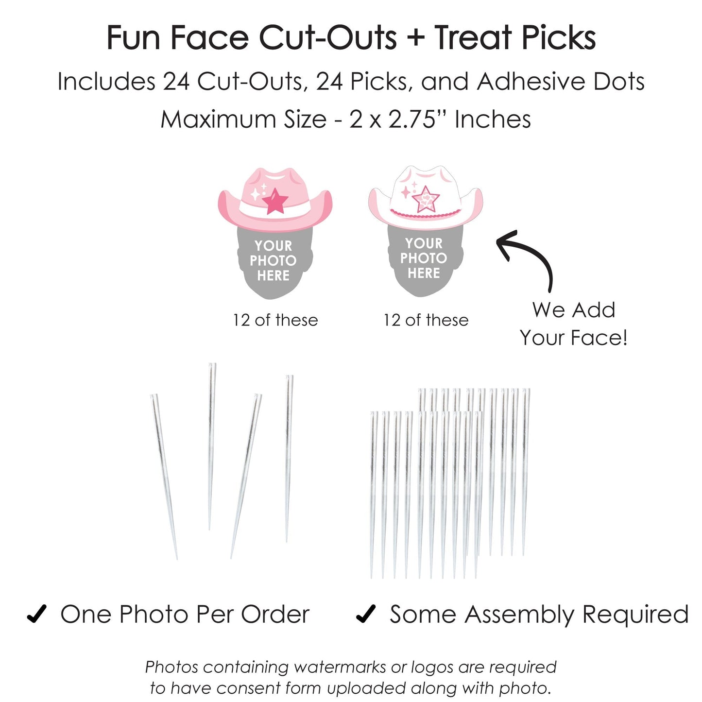 Custom Photo Pink First Rodeo - Cowgirl 1st Birthday Party Dessert Cupcake Toppers - Fun Face Clear Treat Picks - Set of 24