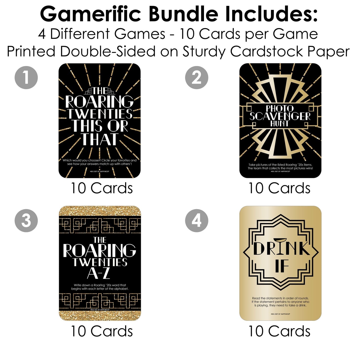 Roaring 20's - 4 1920s Art Deco Jazz Party Games - 10 Cards Each - Gamerific Bundle