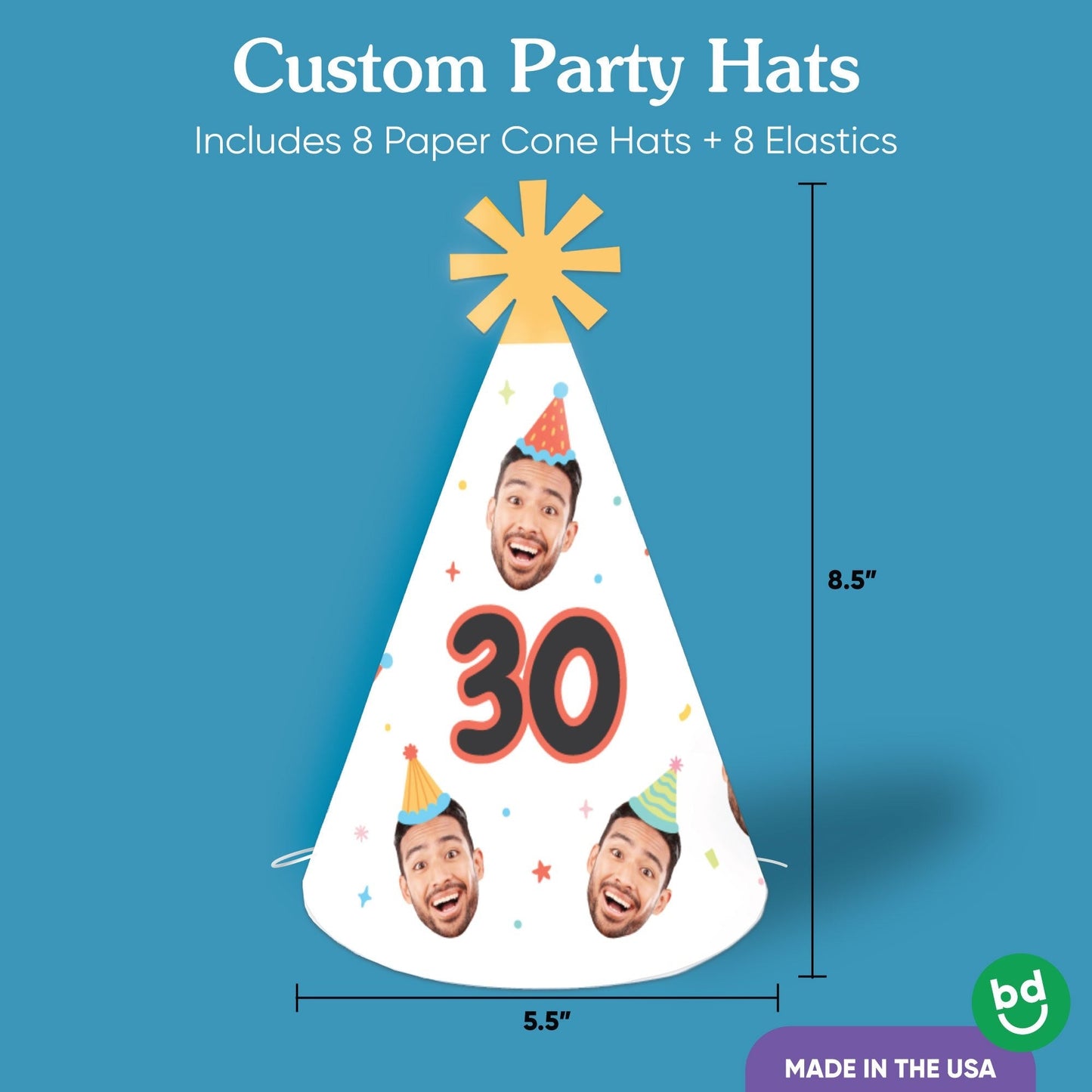 Custom Fun Colorful Birthday Cone Hat - 8 Ct