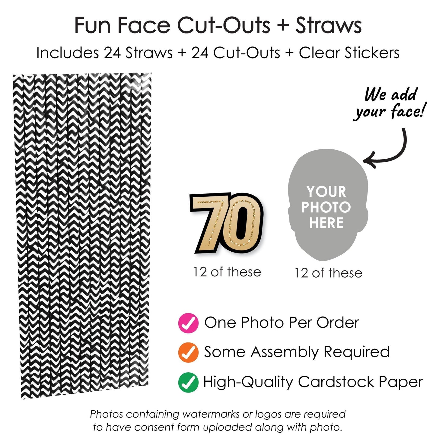 Custom 70th Birthday Face Cutout Straw Decor - 24 Ct