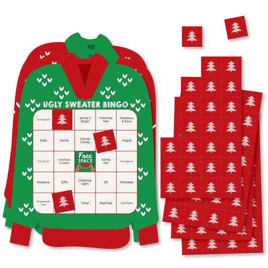 Ugly Sweater - Bar Bingo Cards and Markers - Holiday and Christmas Party Shaped Bingo Game - Set of 18
