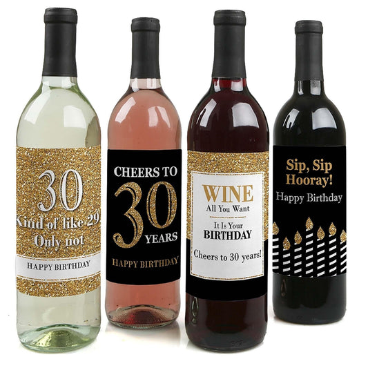 Adult 30th Birthday - Gold - Decorations for Women and Men - Wine Bottle Label Birthday Party Gift - Set of 4
