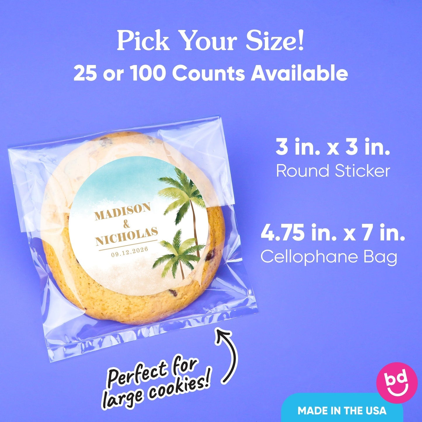 Custom Text Stickers & Clear Cookie Bags - Beach Wedding