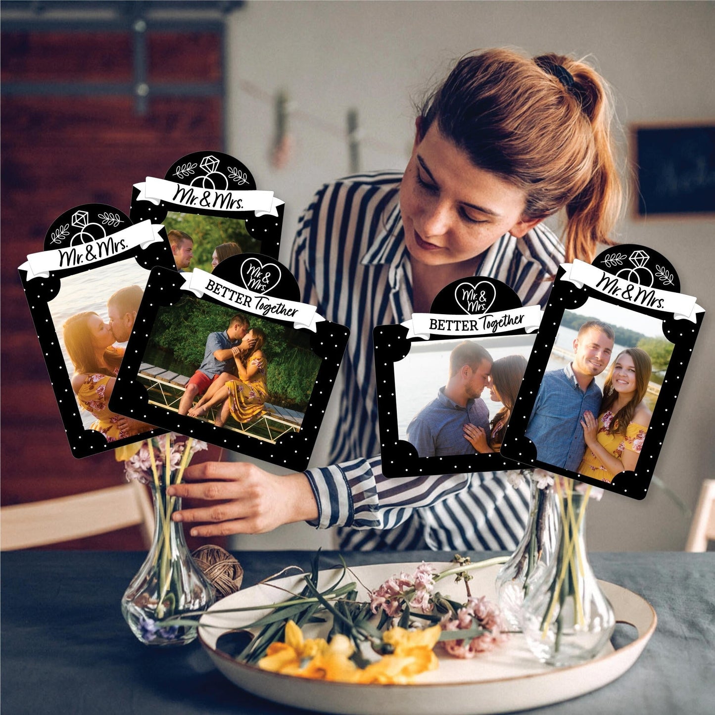 Mr. and Mrs. - Black and White Wedding or Bridal Shower Picture Centerpiece Sticks - Photo Table Toppers - 15 Pieces