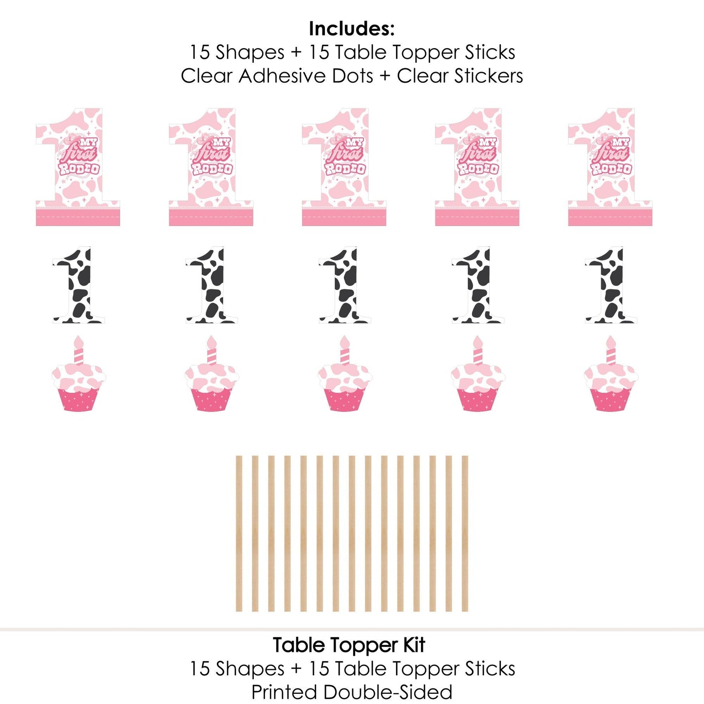 Pink First Rodeo - Cowgirl 1st Birthday Party Centerpiece Sticks - Table Toppers - Set of 15