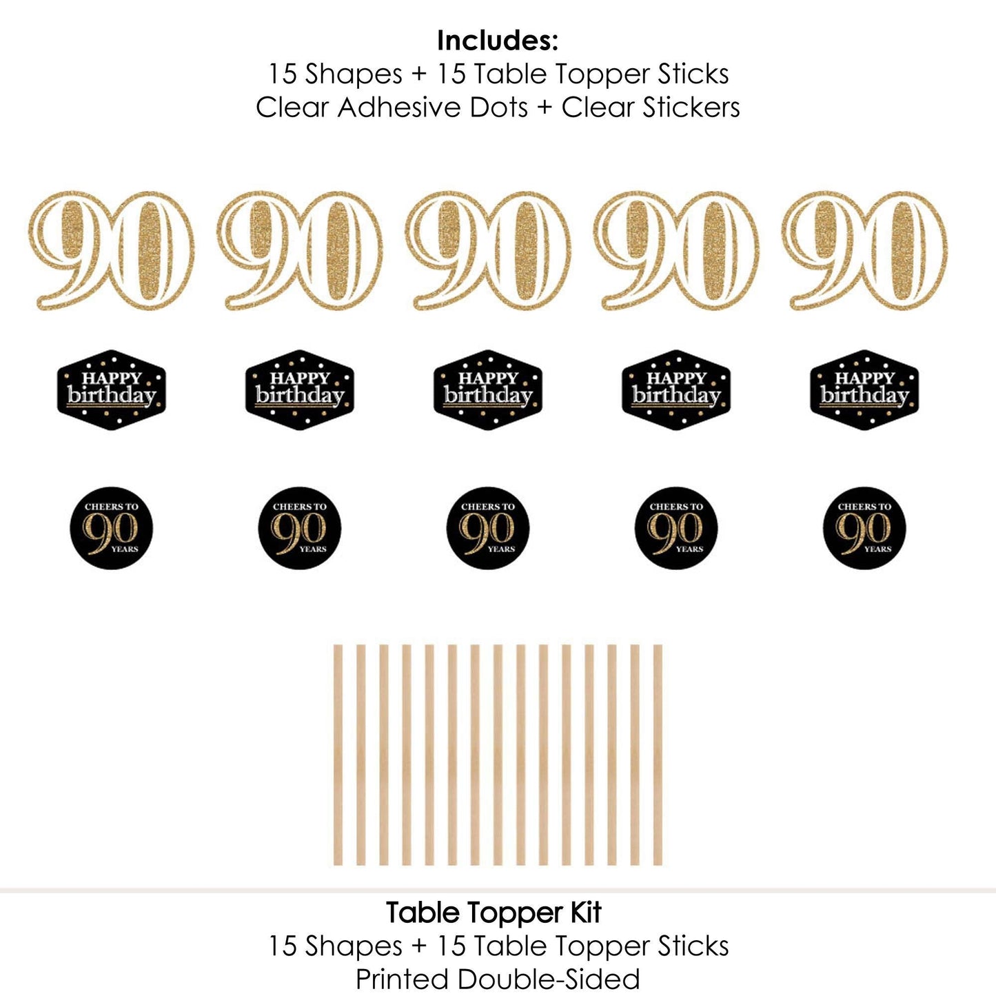 Adult 90th Birthday - Gold - Birthday Party Centerpiece Sticks - Table Toppers - Set of 15