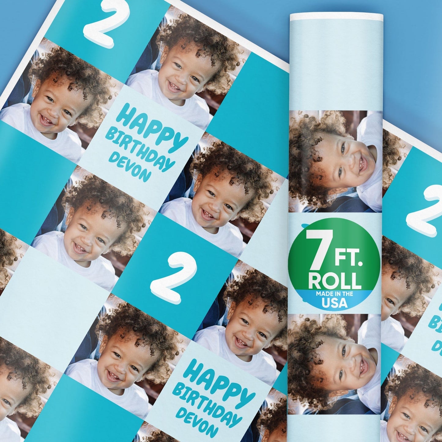 Custom Photo Wrapping Paper - Blue Birthday