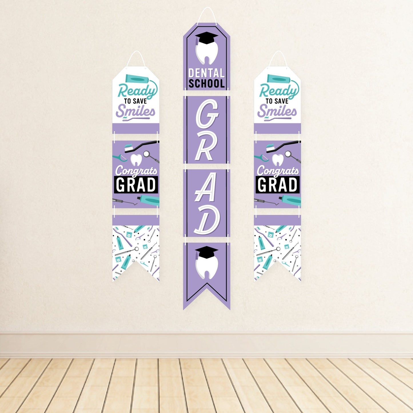 Dental School Grad - Hanging Vertical Paper Door Banners - Dentistry and Hygienist Graduation Party Wall Decoration Kit - Indoor Door Decor