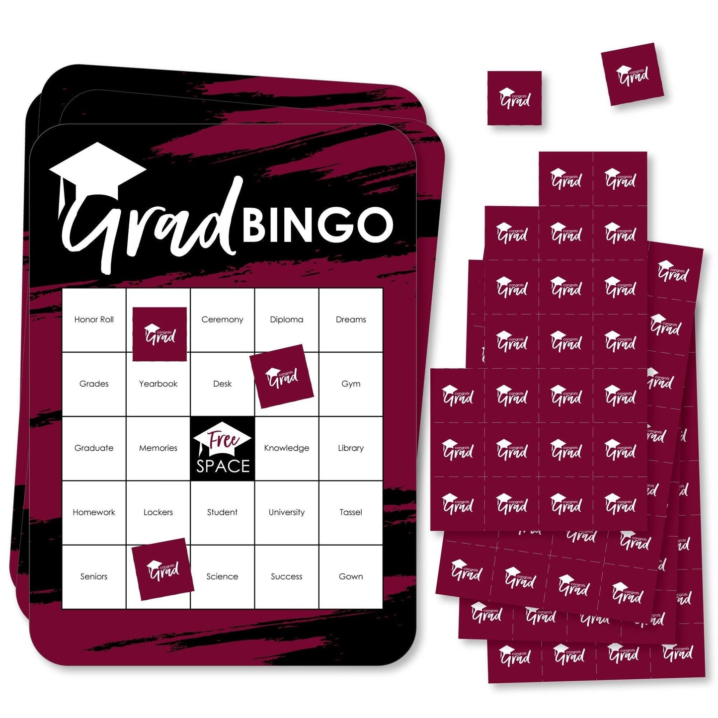 Maroon Grad - Best is Yet to Come - Bingo Cards and Markers - Burgundy Graduation Party Shaped Bingo Game - Set of 18