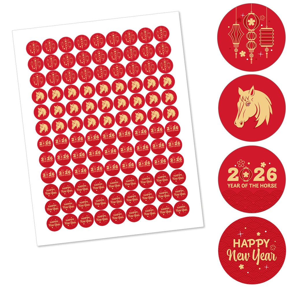 Lunar New Year - 2026 Year of the Horse Round Candy Sticker Favors - Labels Fit Chocolate Candy (1 sheet of 108)