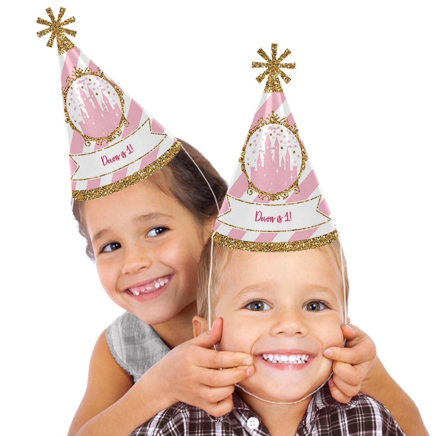 Little Princess Crown - Cone Pink and Gold Princess Happy Birthday Party Hats for Kids and Adults - Set of 8 (Standard Size)