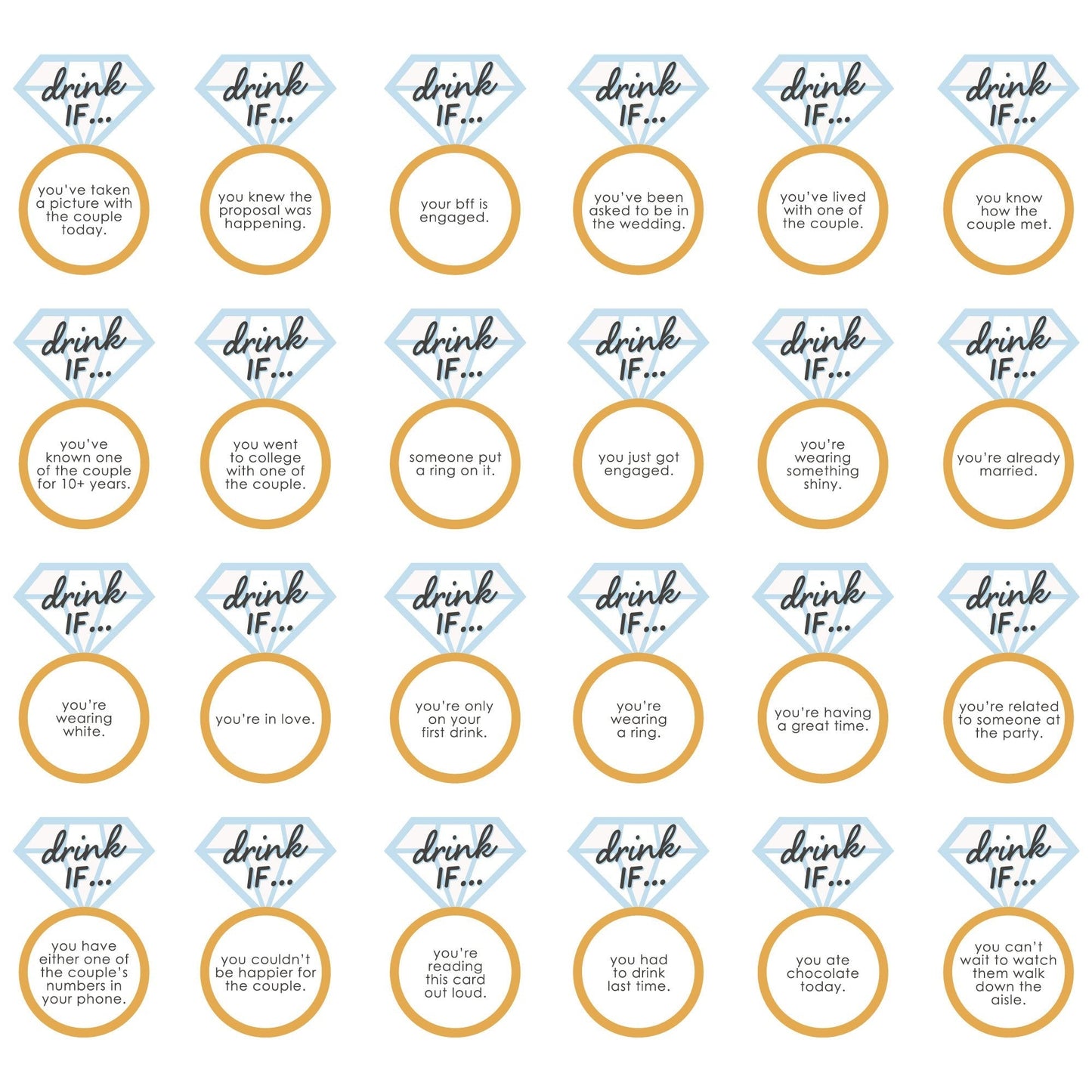 Drink If Game - Just Engaged - Black and White - Engagement Party Game - 24 Count
