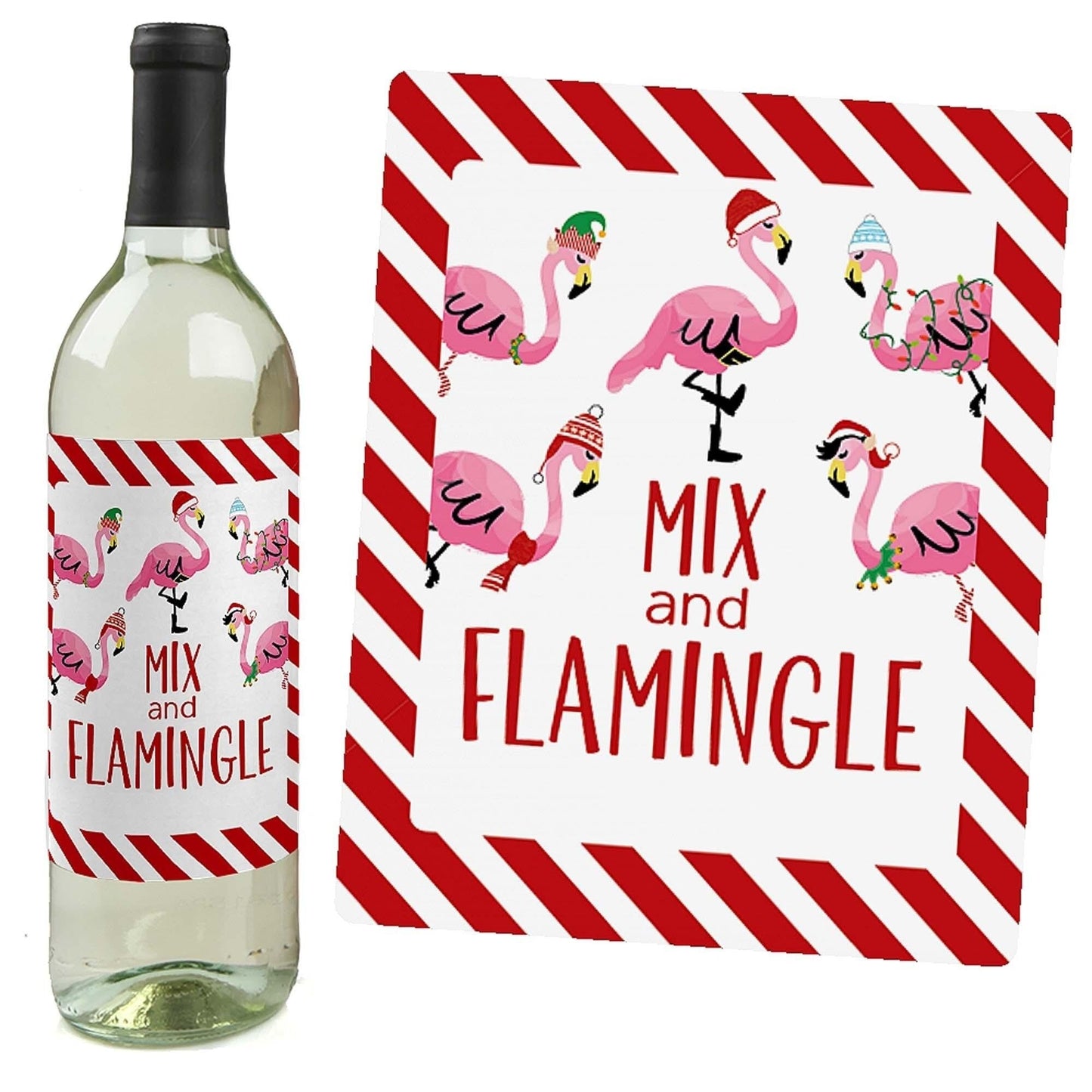 Flamingle Bells - Tropical Flamingo Christmas Decorations for Women and Men - Wine Bottle Label Stickers - Set of 4