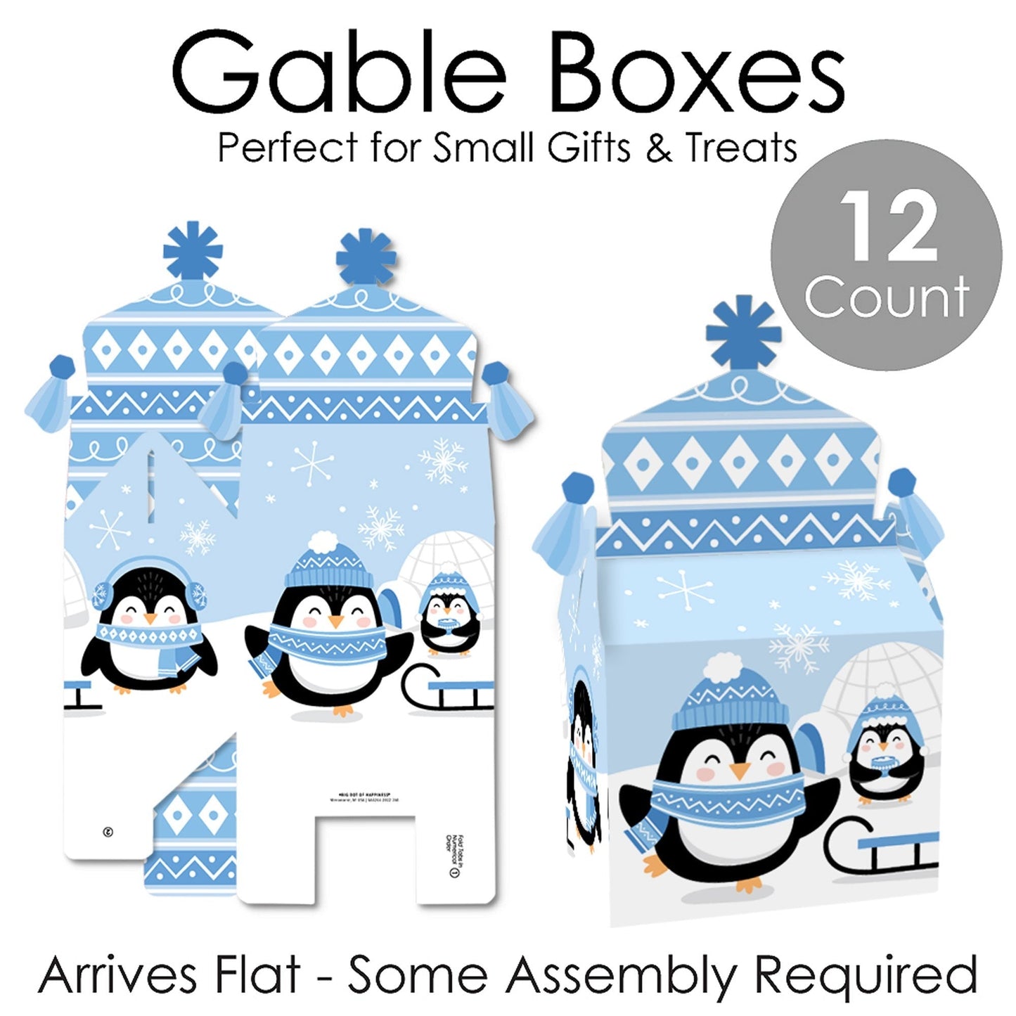 Winter Penguins - Treat Box Party Favors - Holiday and Christmas Party Goodie Gable Boxes - Set of 12