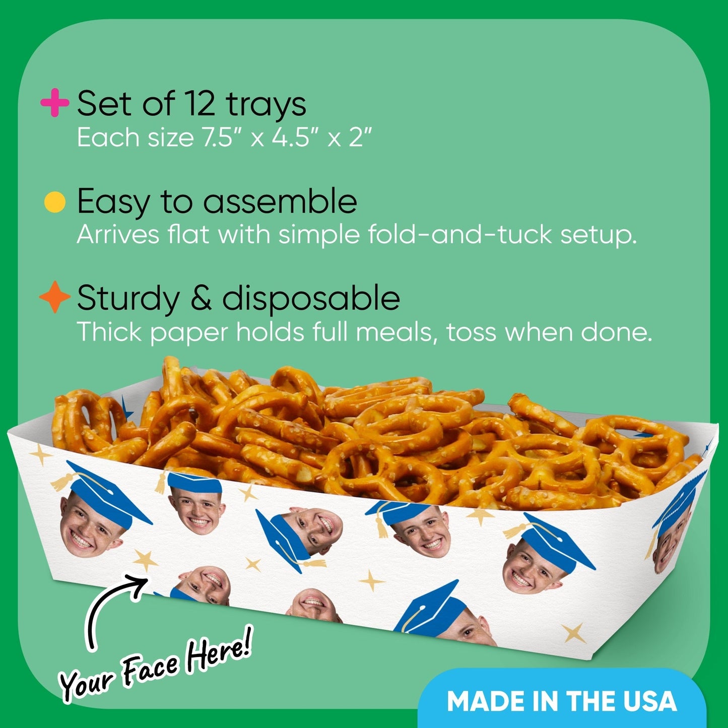 Custom Face Blue Graduation Paper Food Trays - 12 Ct