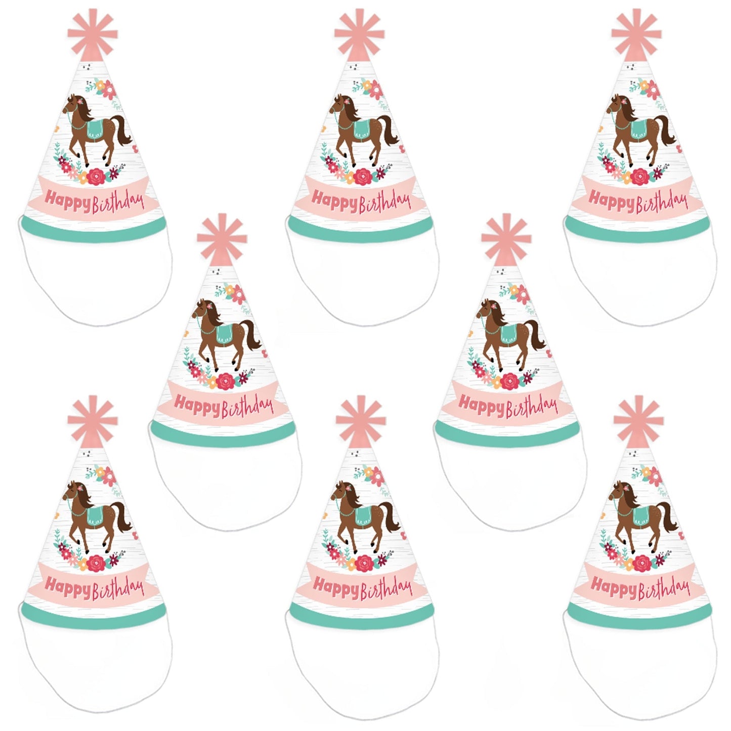 Run Wild Horses - Cone Happy Birthday Party Hats for Kids and Adults - Set of 8 (Standard Size)