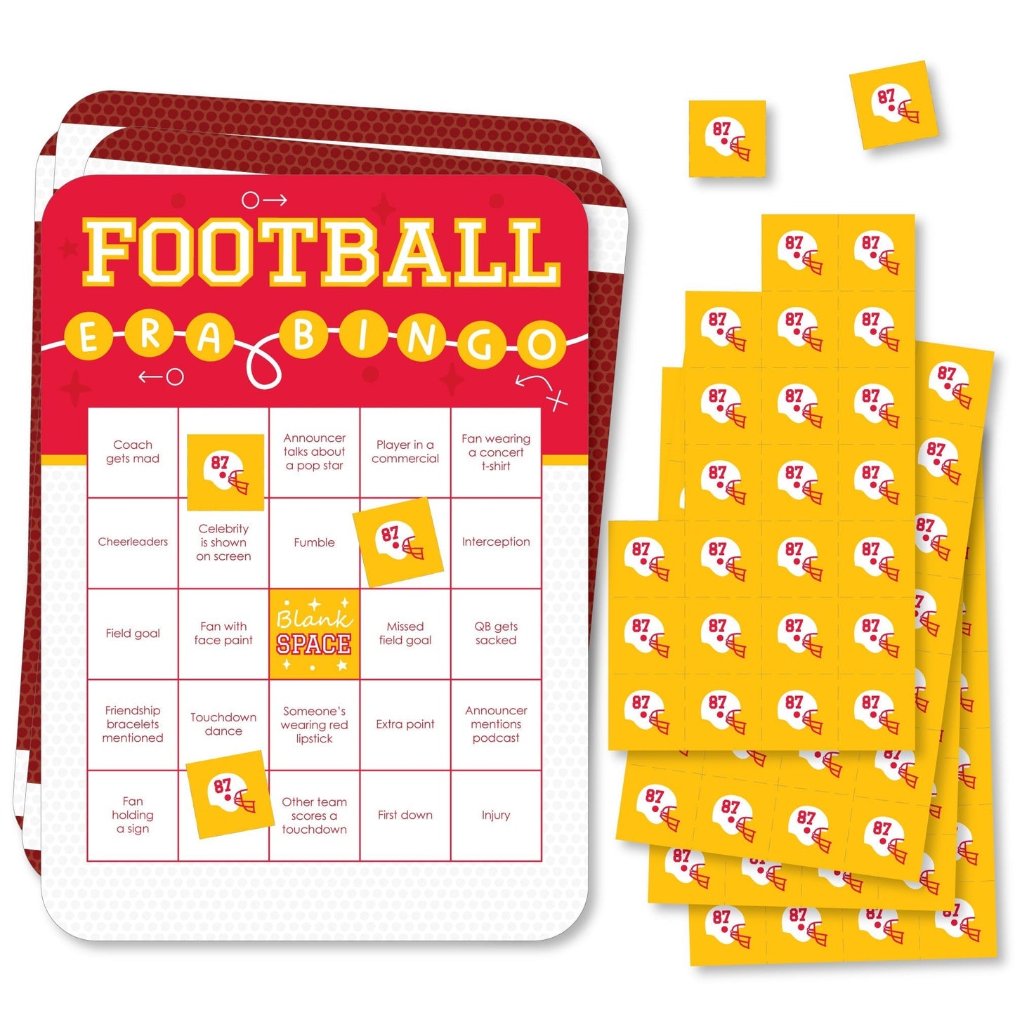 In My Football Era - Bingo Cards and Markers - Red and Gold Sports Party Bingo Game - Set of 18