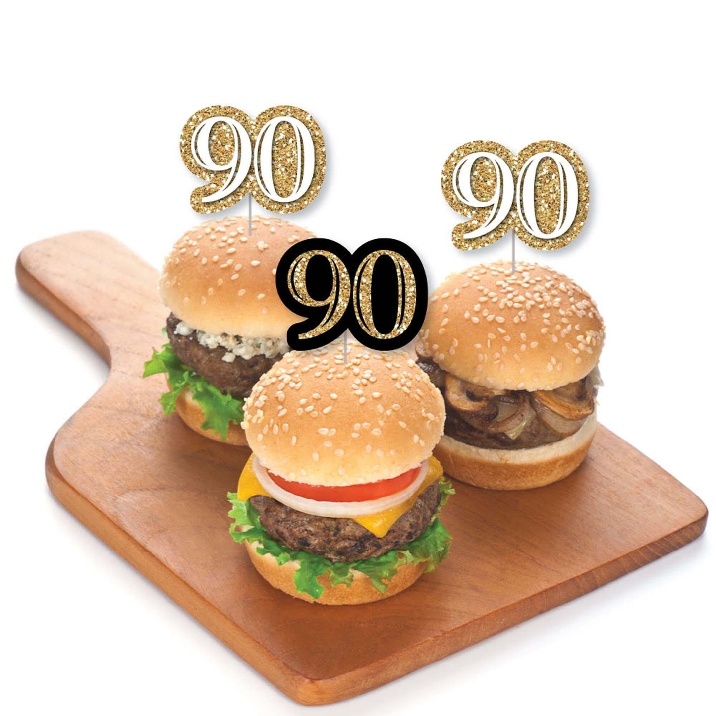 Adult 90th Birthday - Gold - Dessert Cupcake Toppers - Birthday Party Clear Treat Picks - Set of 24