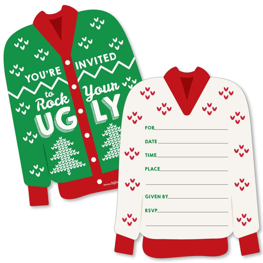 Ugly Sweater - Shaped Fill-In Invitations - Holiday & Christmas Party Invitation Cards with Envelopes - Set of 12