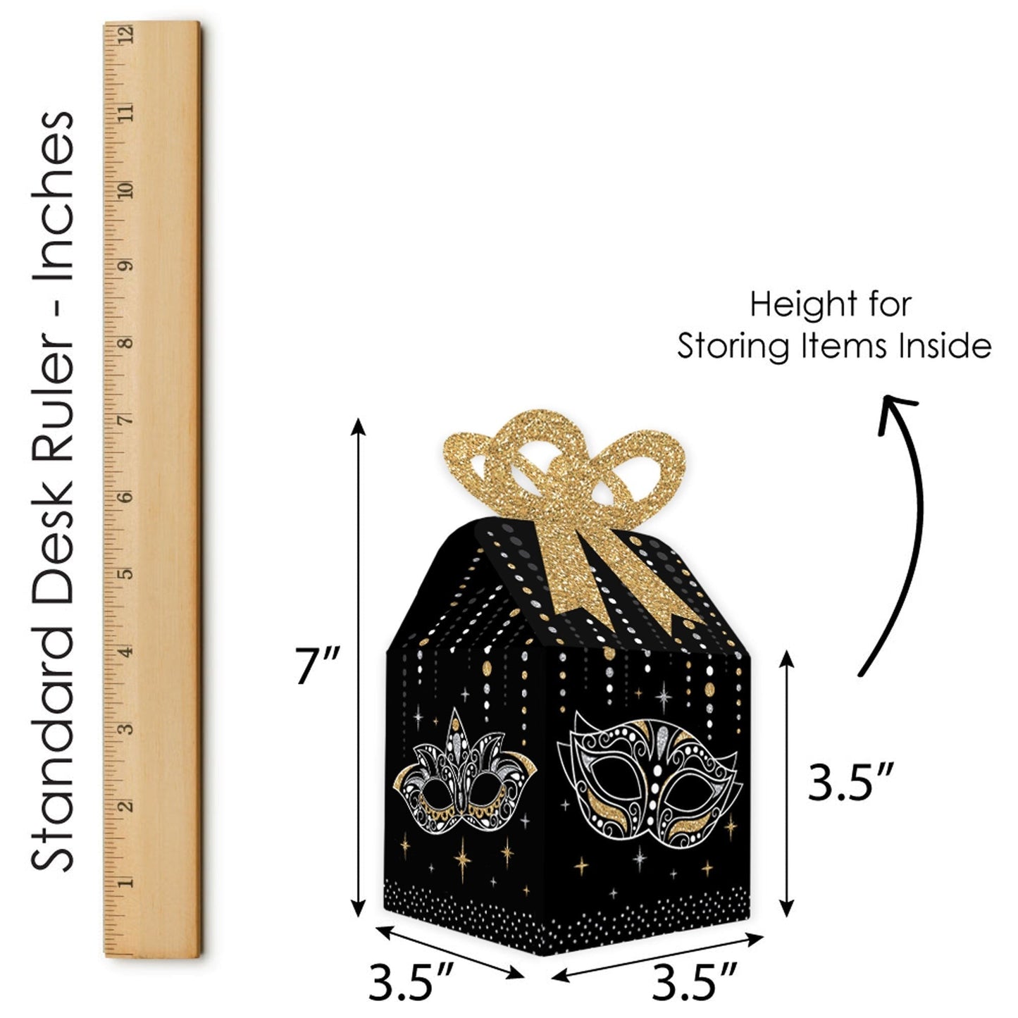 Masquerade - Square Favor Gift Boxes - Venetian Mask Party Bow Boxes - Set of 12