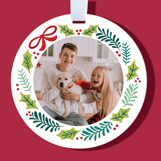 Custom Photo Holiday Wreath Tree Ornaments - 12 Ct