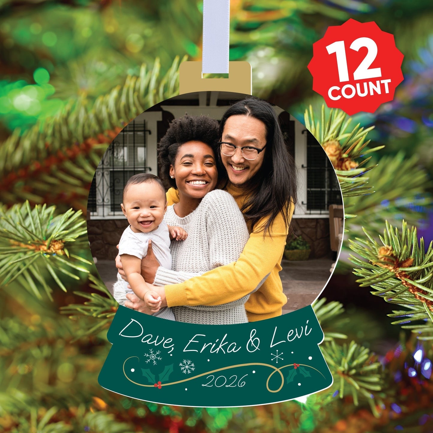 Custom Photo Snowglobe Tree Ornaments - 12 Ct