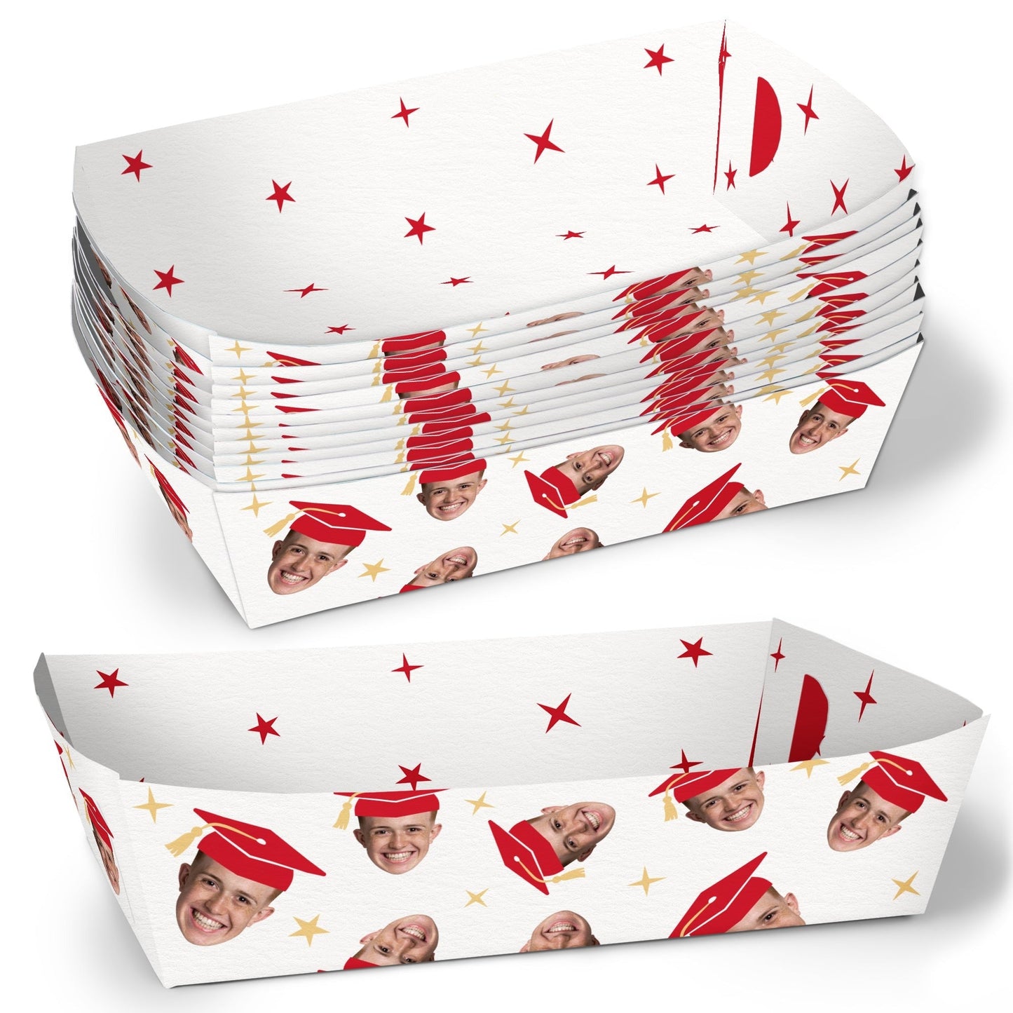 Custom Face Red Graduation Paper Food Trays - 12 Ct