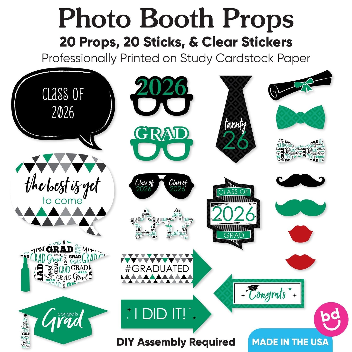 Green Grad - 2026 Graduation Party Photo Booth Props Kit - 20 Count