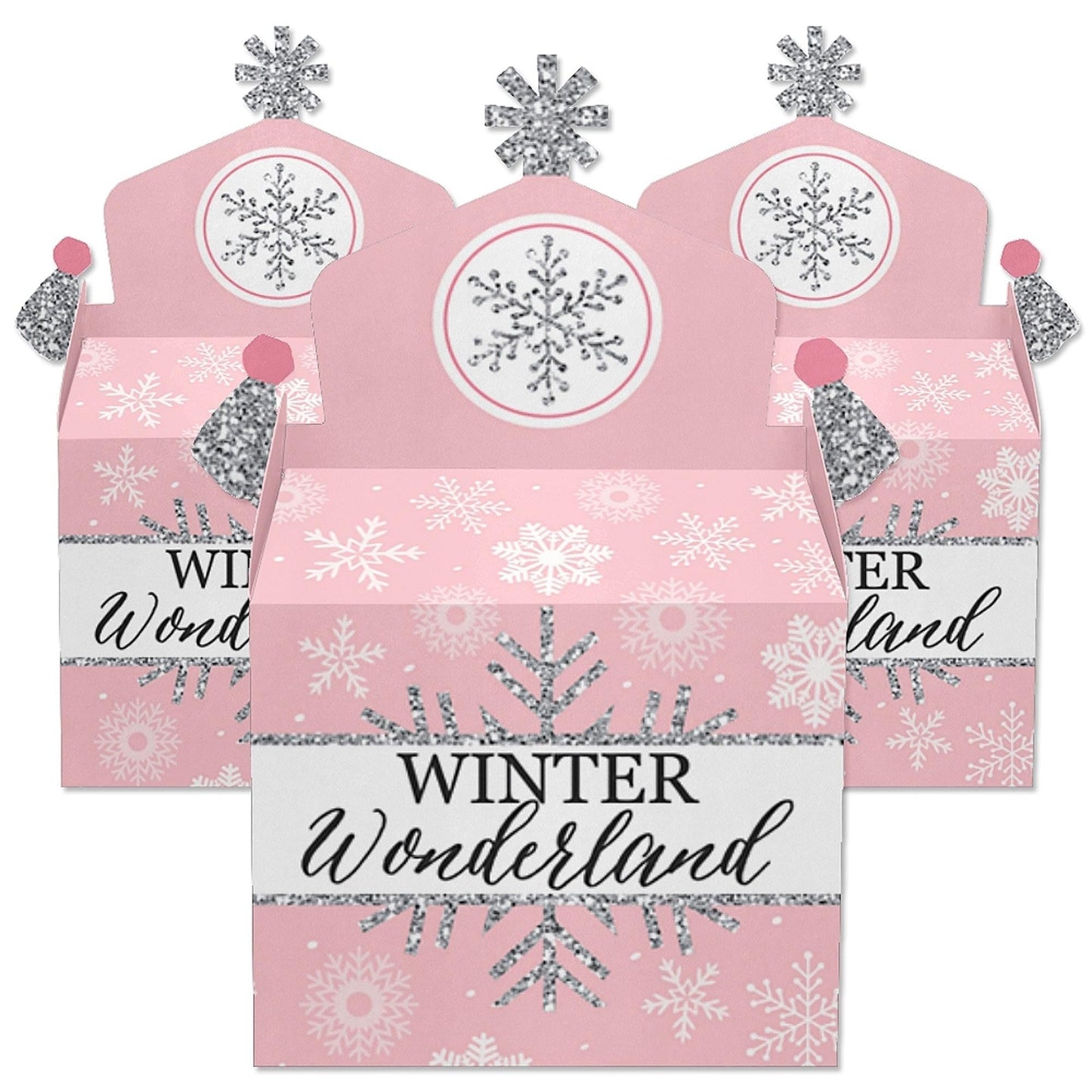 Pink Winter Wonderland - Treat Box Party Favors - Holiday Snowflake Birthday Party and Baby Shower Goodie Gable Boxes - Set of 12