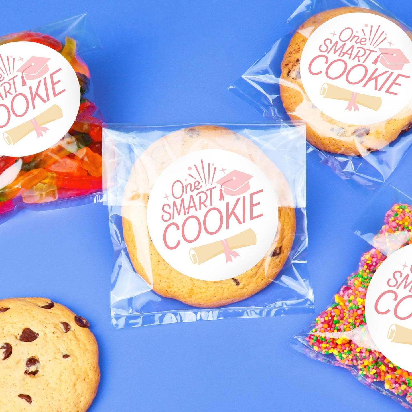 Pink Grad Stickers & Clear Cookie Bags - 25 Ct