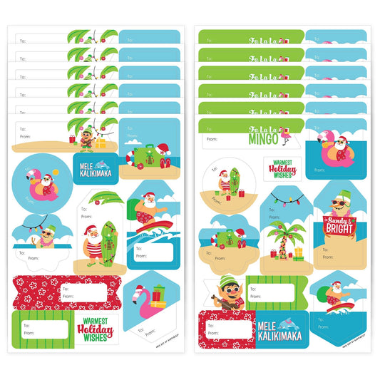 Tropical Christmas - Assorted Beach Santa Holiday Party Gift Tag Labels - To and From Stickers - 12 Sheets - 120 Stickers