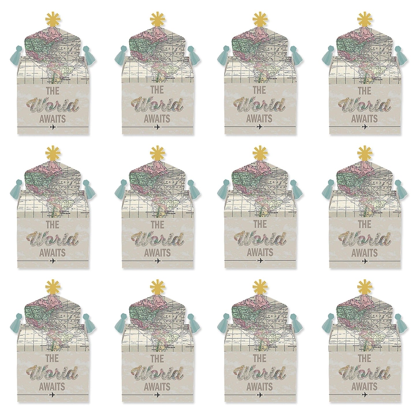 World Awaits - Treat Box Party Favors - Travel Themed Party Goodie Gable Boxes - Set of 12