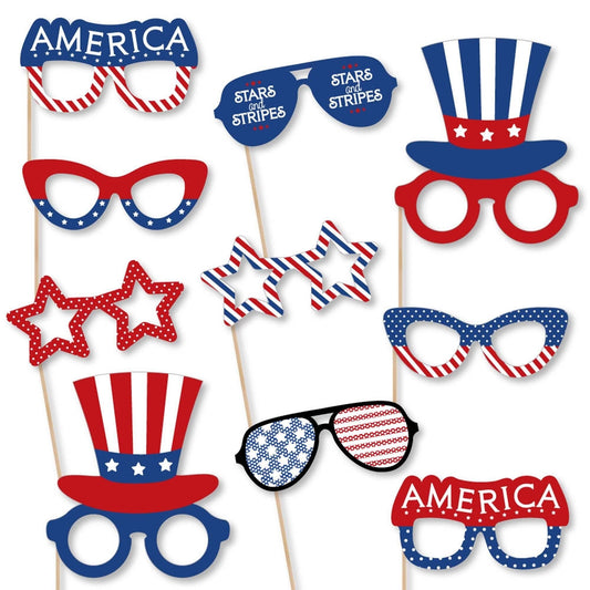 Patriotic Glasses - Paper Card Stock Memorial Day Party Photo Booth Props Kit - 10 Count