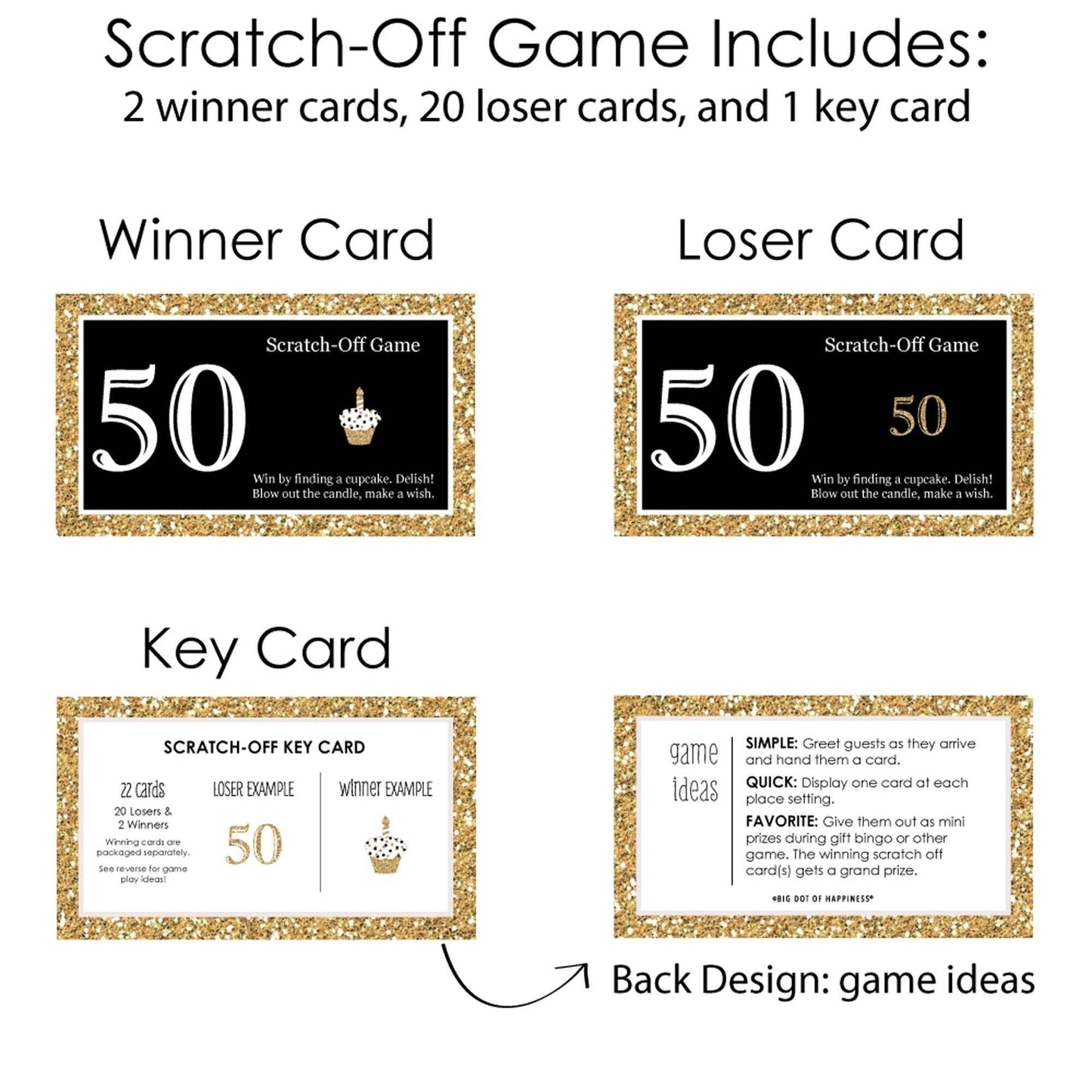 Adult 50th Birthday - Gold - Birthday Party Game Scratch Off Cards - 22 ct