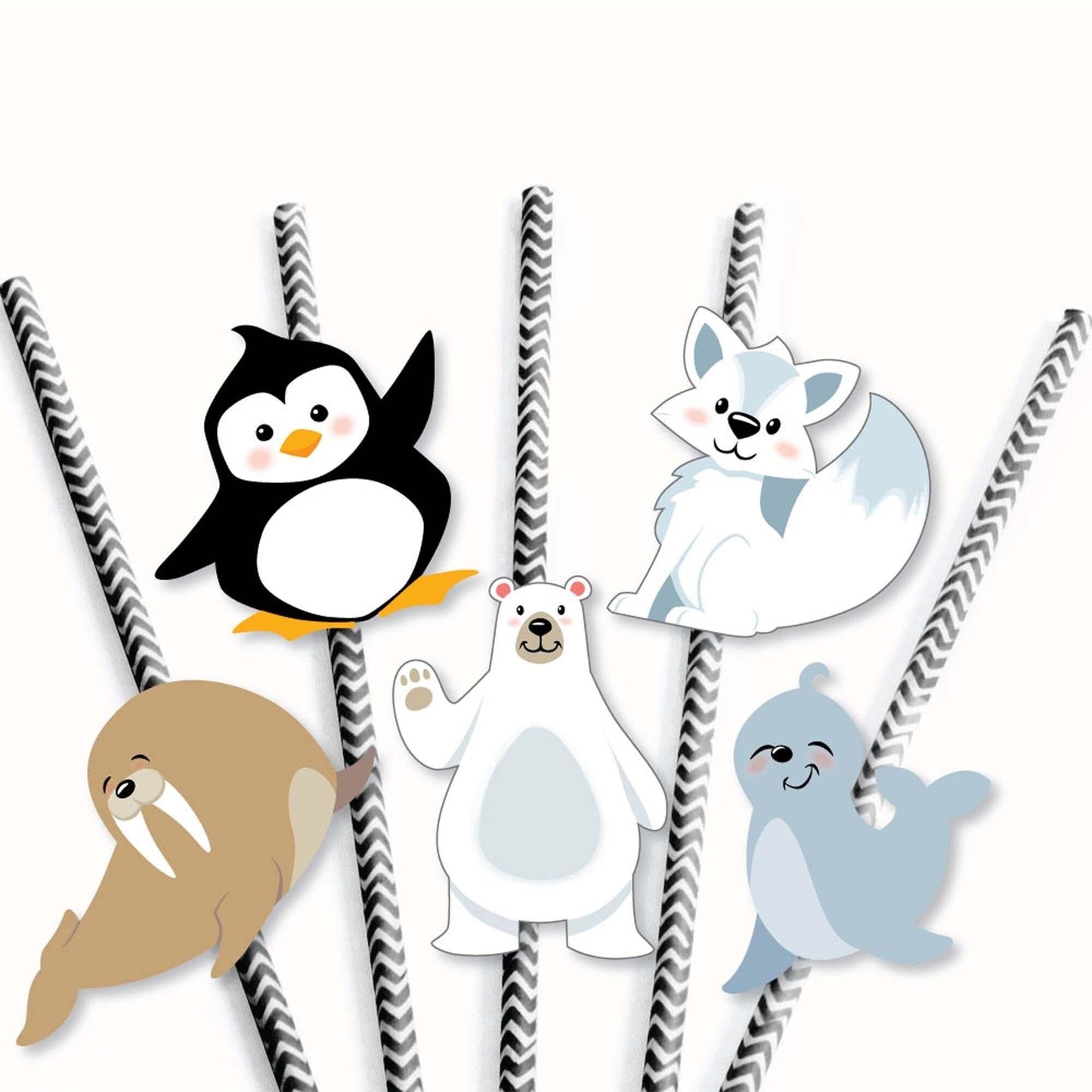Arctic Polar Animals - Paper Straw Decor - Winter Baby Shower or Birthday Party Striped Decorative Straws - Set of 24