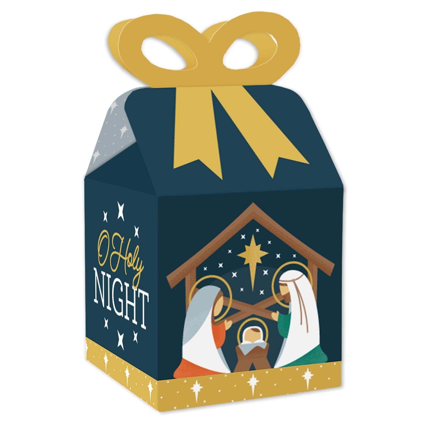 Holy Nativity - Square Favor Gift Boxes - Manger Scene Religious Christmas Bow Boxes - Set of 12