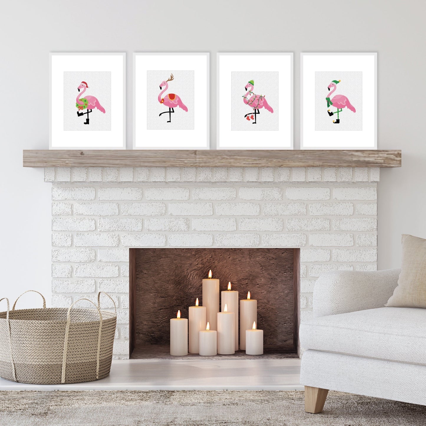 Flamingle Bells - Unframed Tropical Christmas Linen Paper Wall Art - Set of 4 - Artisms - 8 x 10 inches