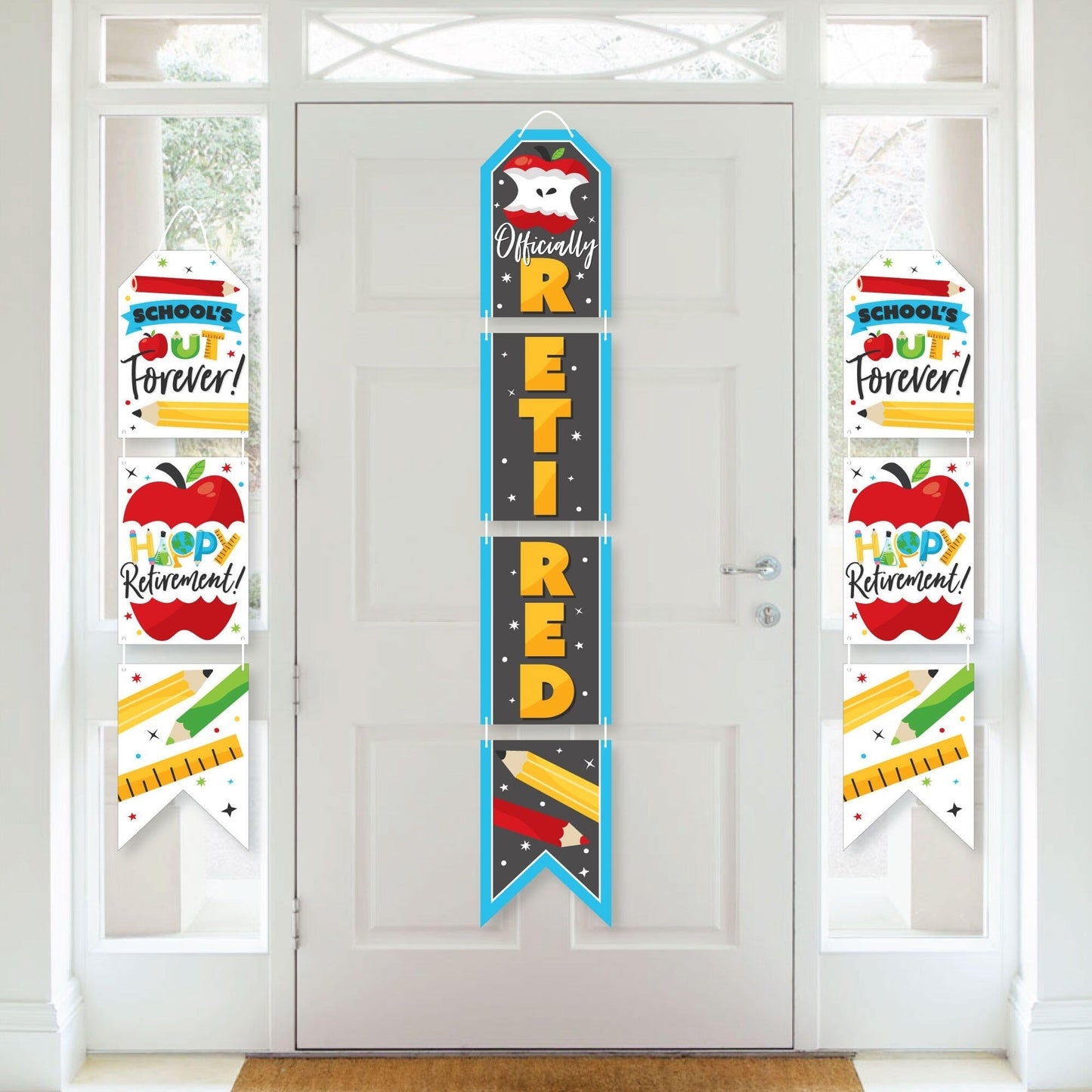 Teacher Retirement - Hanging Vertical Paper Door Banners - Happy Retirement Party Wall Decoration Kit - Indoor Door Decor