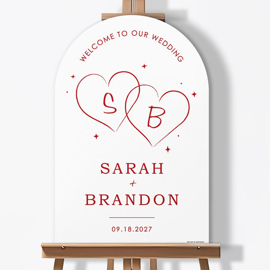 Personalized Text Cherry Red Wedding Hearts Welcome Sign (Select Your Size)