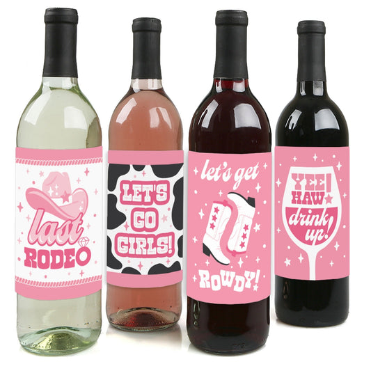 Last Rodeo - Pink Cowgirl Bachelorette Party Decorations for Women and Men - Wine Bottle Label Stickers - Set of 4
