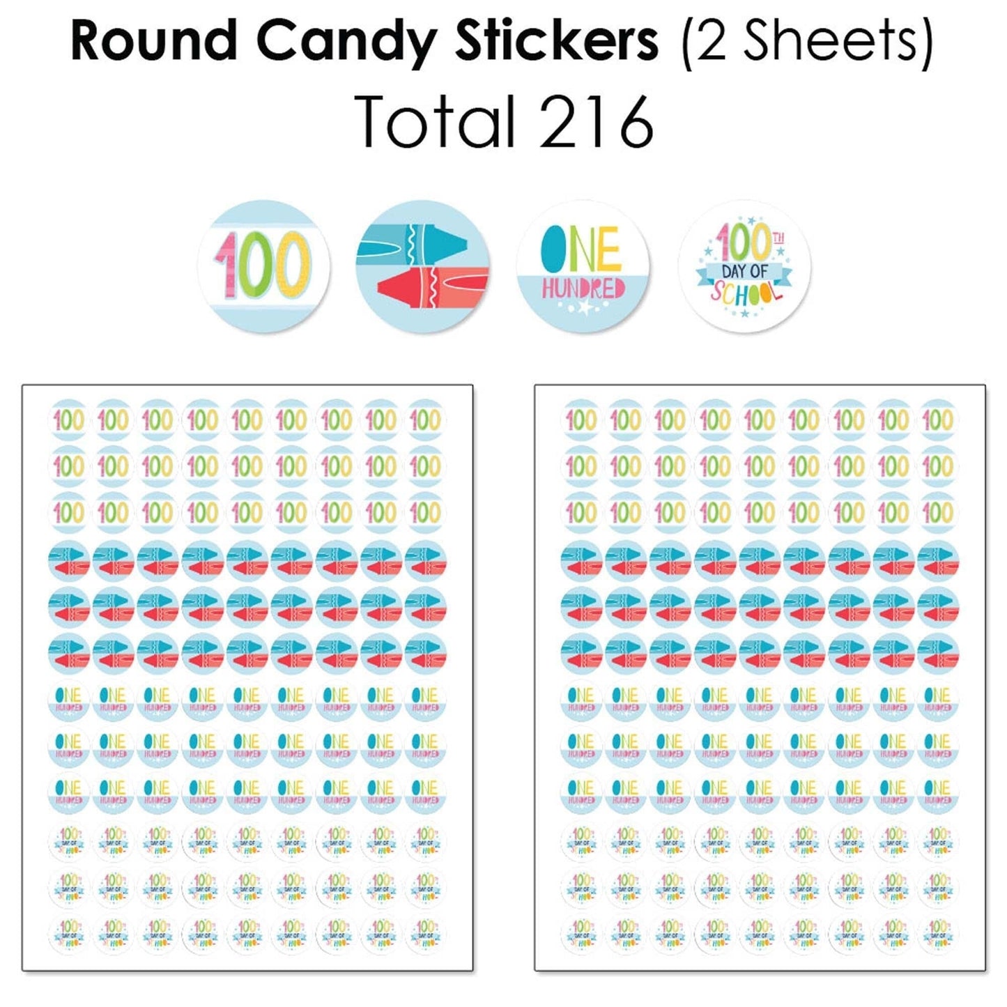 Happy 100th Day of School - Mini Candy Bar Wrappers, Round Candy Stickers and Circle Stickers - 100 Days Party Candy Favor Sticker Kit - 304 Pieces