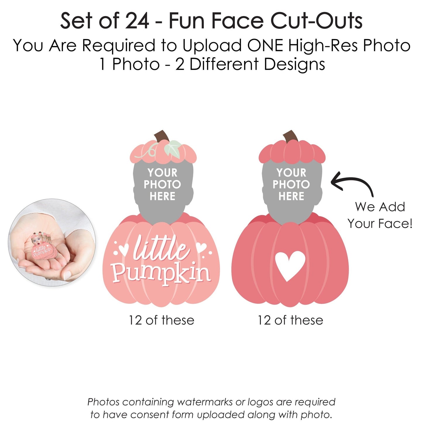 Custom Photo Girl Little Pumpkin - Fall Birthday Party DIY Shaped Fun Face Cut-Outs - 24 Count