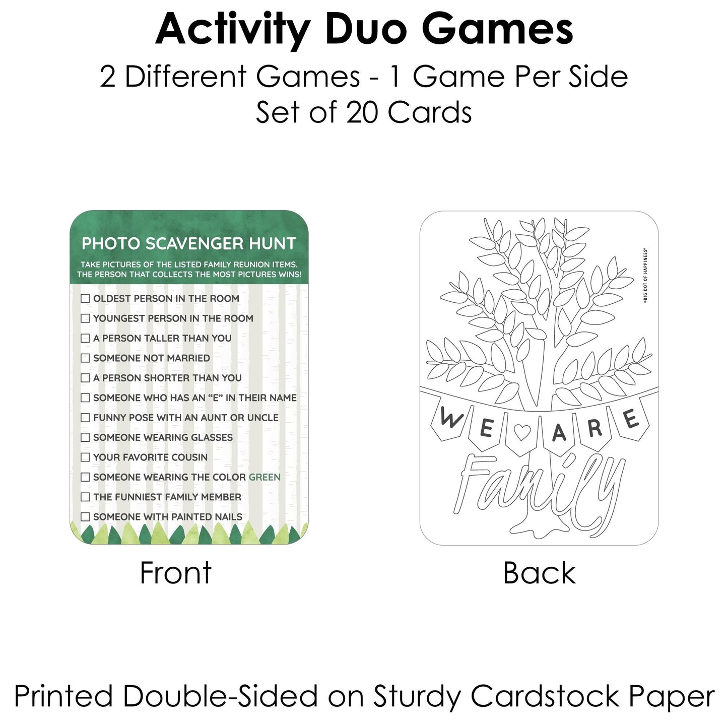 Family Tree Reunion - 2-in-1 Family Gathering Party Cards - Activity Duo Games - Set of 20