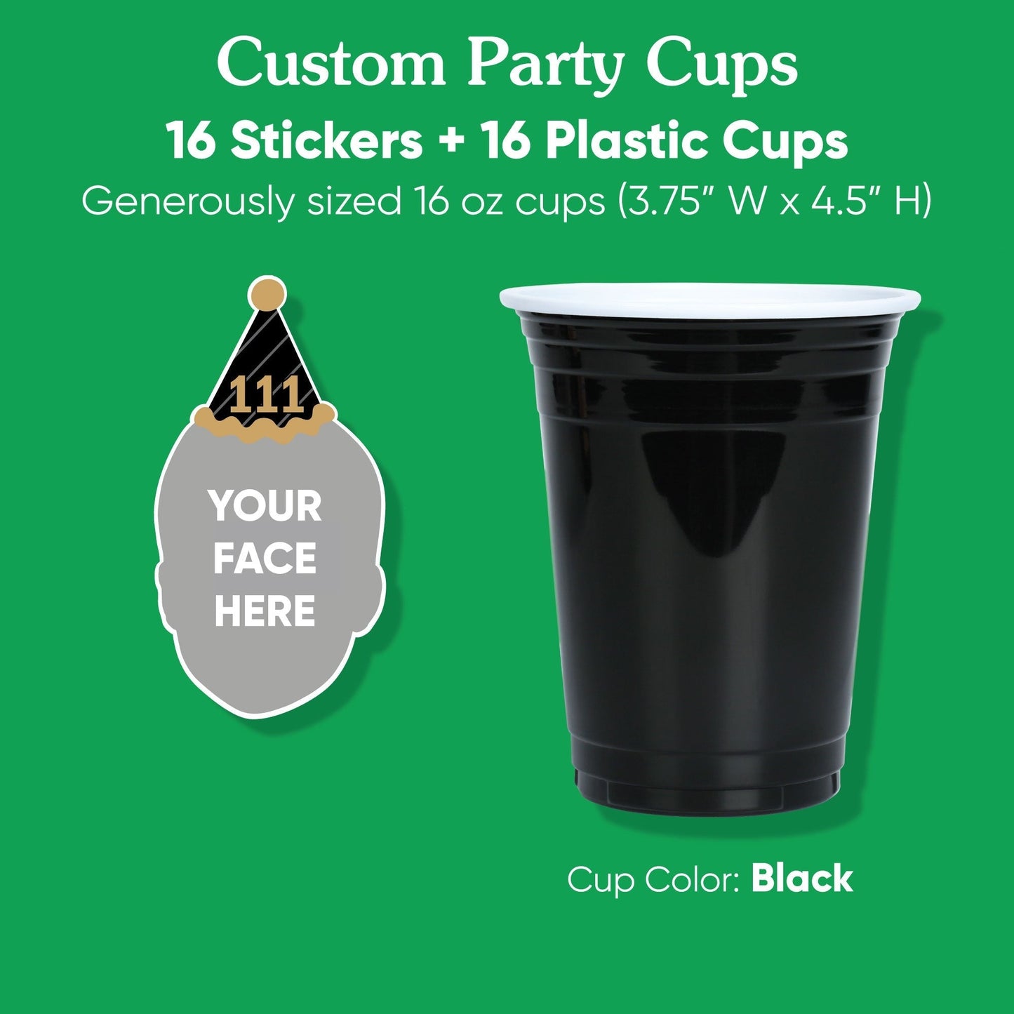 Custom Face Party Cups - Black & Gold Birthday - 16 Ct