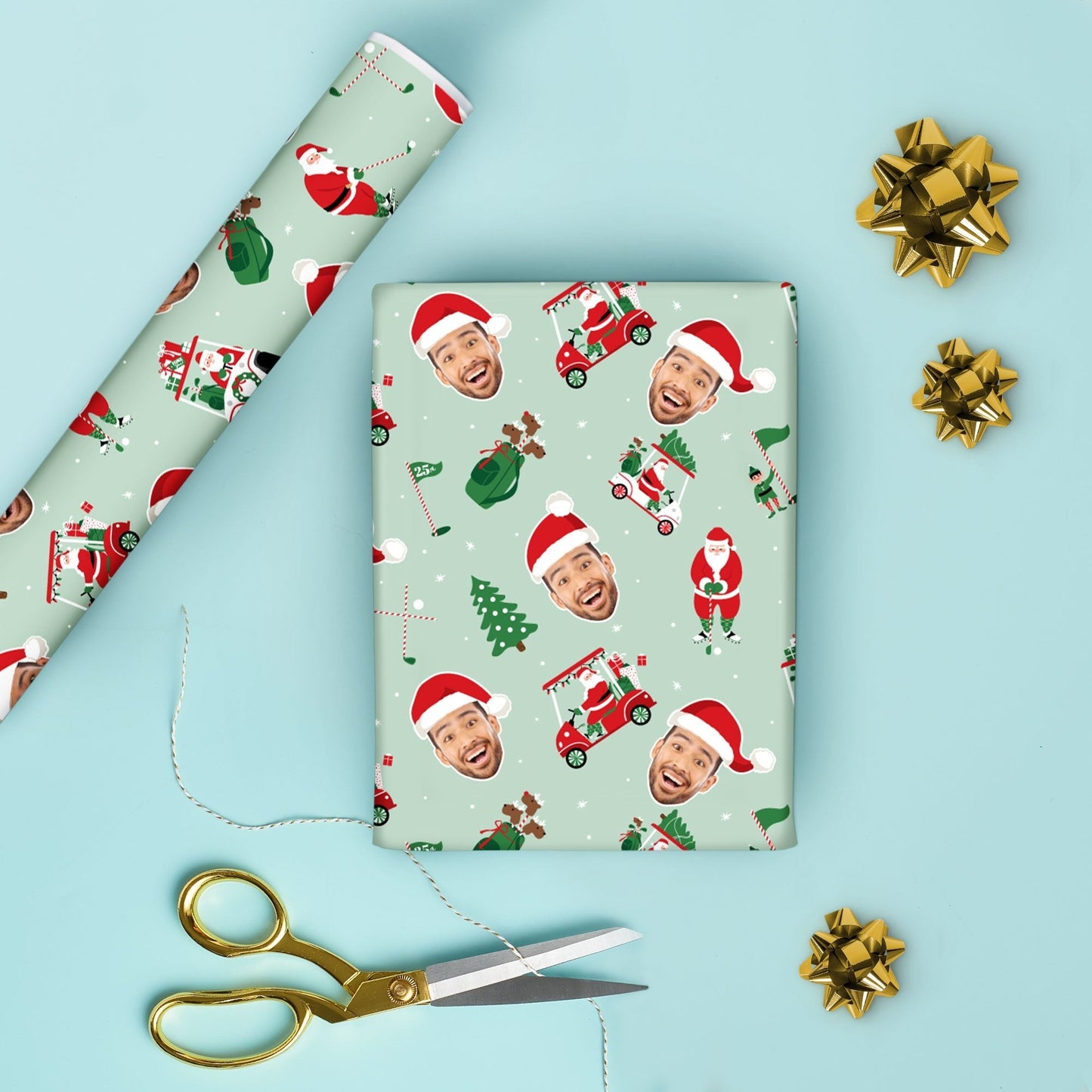 Custom Face Wrapping Paper - Golfing Santa