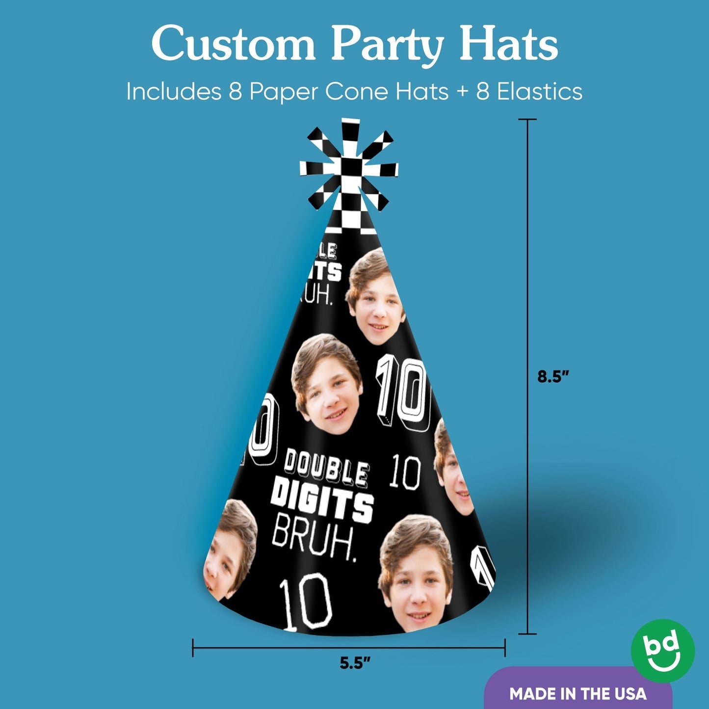 Custom Photo 10th Birthday Bruh Cone Hat - 8 Ct
