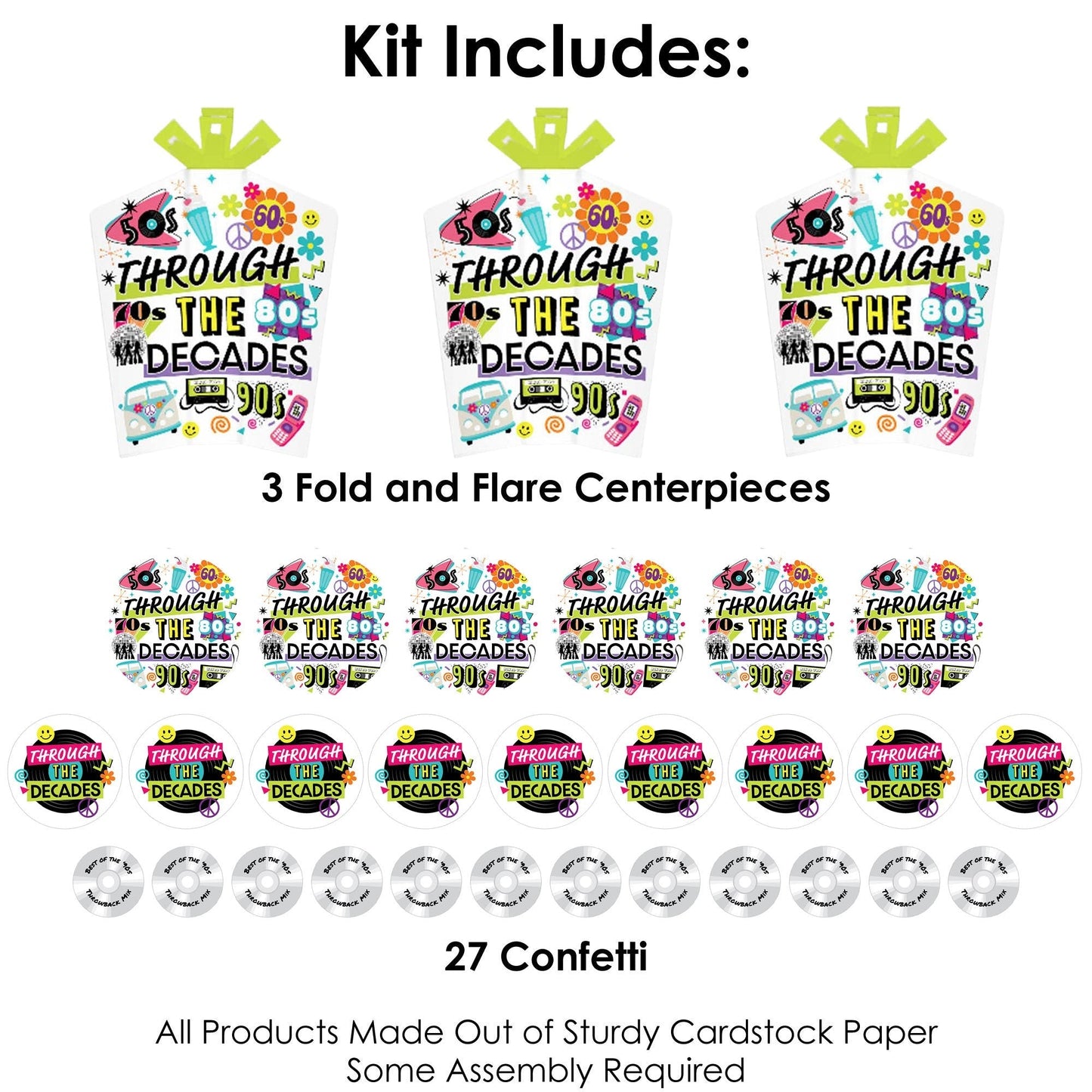 Through the Decades - 50s, 60s, 70s, 80s, and 90s Party Decor and Confetti - Terrific Table Centerpiece Kit - Set of 30