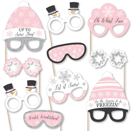 Pink Winter Wonderland Glasses and Headpieces - Paper Card Stock Holiday Snowflake Birthday Party and Baby Shower Photo Booth Props Kit - 10 Count